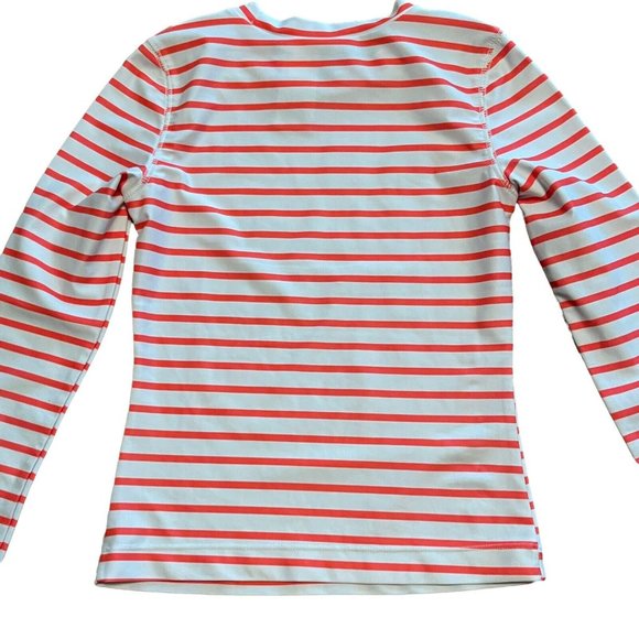 Old Navy Girls Swim Shirt Rash Guard Med Long Sleeve Striped Graphic Orange Navy - Picture 4 of 6